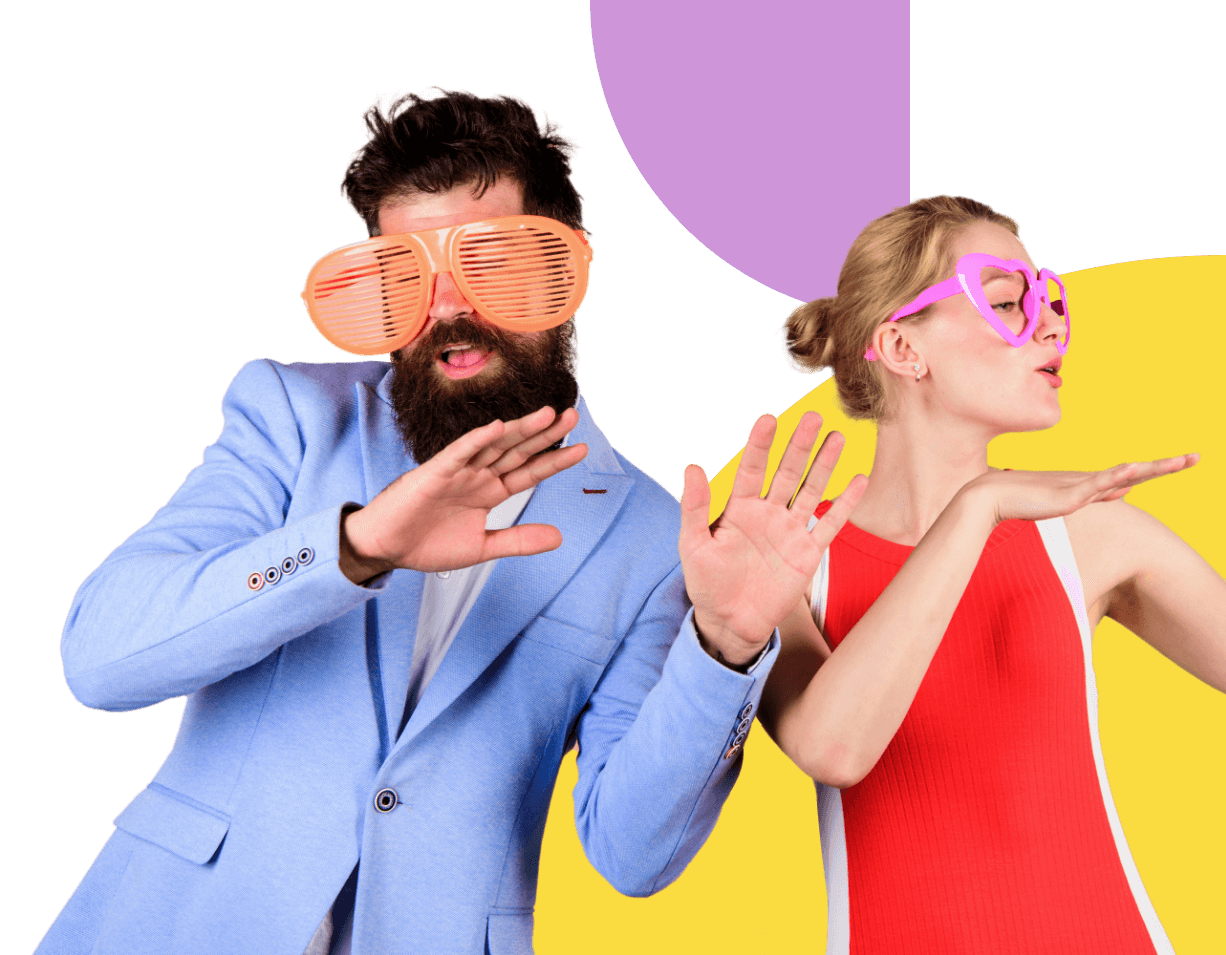 Two business people wearing silly glasses
